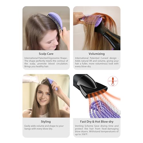NuWay DoubleC Detangling Hair Brush – The Original Home Scalp-Care Brush – Patented Double Curved Scalp Care Hairbrush for Gentle Detangling, Volume Styling & Wet or Dry Hair (Violet) - color: Violet