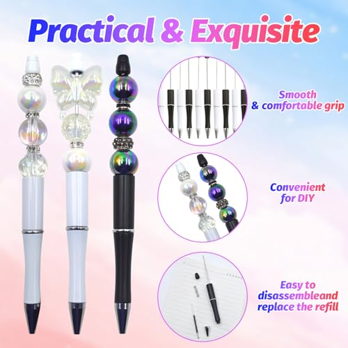 300 Pieces DIY Beadable Pen Kit – 100 Plastic Ballpoint Pens with Refills & Bags – School Supplies, Office Accessories & Decorative Items for Students & Teachers (Black and White) - color: Black White, size: 100