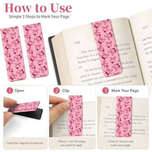 5 Pieces Magnetic Bookmarks, Cute Magnet Bookmark Clips, Colorful Page Markers for Books, Reading Supplies for Book Lovers, Women and Men Cute Pink Bow Cherry - color: Cute Pink Bow Cherry