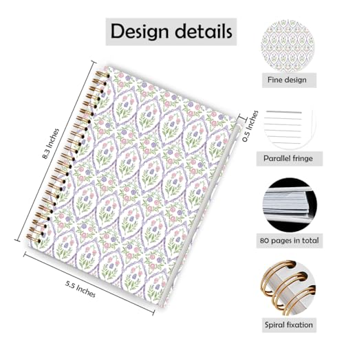 Qykwz Grandmillennial Pink and Purple Floral Spiral Notebook 5.5x8.3, Retro Cottagecore Flower Aesthetic Journal for Women, Pastel Floral Grand Millenial Hardcover Notebook Journal - color: Color_C