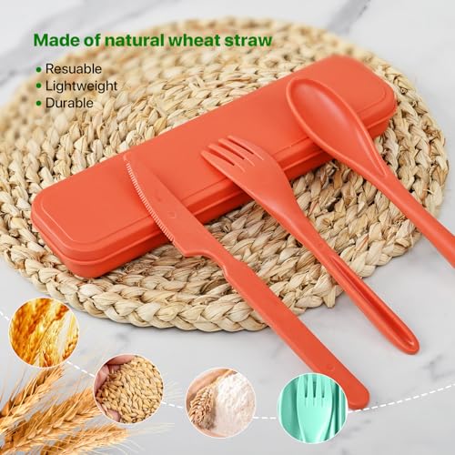 Travel Utensils Set with Case, 8 Sets Camping Utensils Reusable Wheat Straw Utensils Set With Case, Knife Spoon and Fork Set for Lunch Box - color: Multicolor