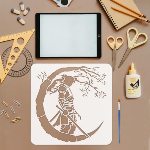 FINGERINSPIRE Samurai of The East Painting Stencil with Brush 11.8x11.8inch Plastic PET Katana Tree Pattern Drawing Template Decorative Hollowed Oriental Theme Stencil for Painting on Wood Canvas - style: Samurai of the East