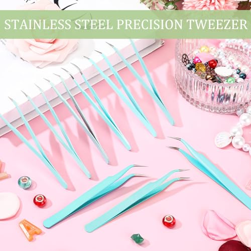 Honoson 9 Pcs Curved Pointed Craft Tweezers Precision Tweezer,Blue - color: Blue