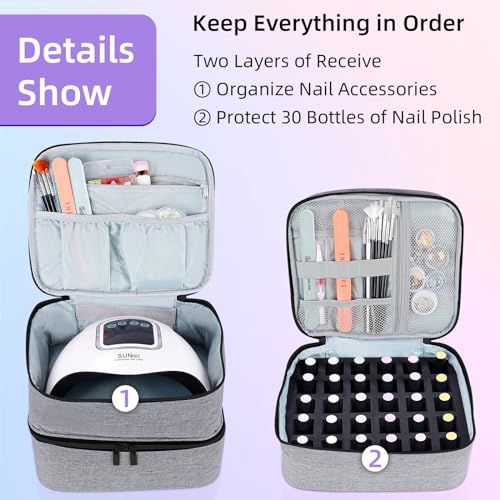 ALSLEA Nail Polish Organizer Holds 30 Bottles (15ml - 0.5 fl.oz) Double-layer Gel Nail Polish Kit Carrying Case, Nail Holder for Nail Lamp, Portable Nail Organizer and Storage for Nail Supplies (Gray) - color: Gray, size: 30 slots