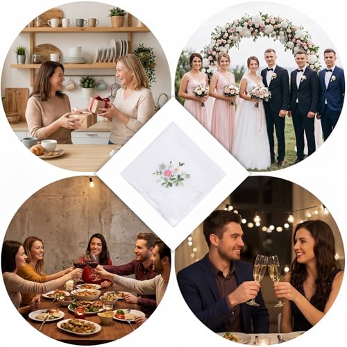 6Pcs White Handkerchief, Women's Handkerchief with Lace, Floral Embroidered Cotton Handkerchiefs with Bow Edge for Wedding, Bride, Party, Daily Use (11 inch)