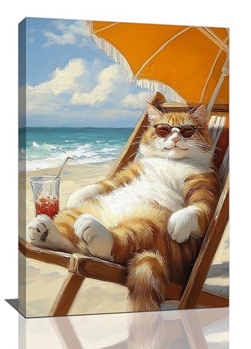 Funny Cat Beach Wall Art Cute Cat Ocean Canvas Wall Decor Coastal Kitten Pictures Paintings Prints Seaside Artwork Framed Seascape Decorations For Bathroom Bedroom Living Room Office Gifts 16" x 24" - color: Beach Cat, size: 24"L x 16"W