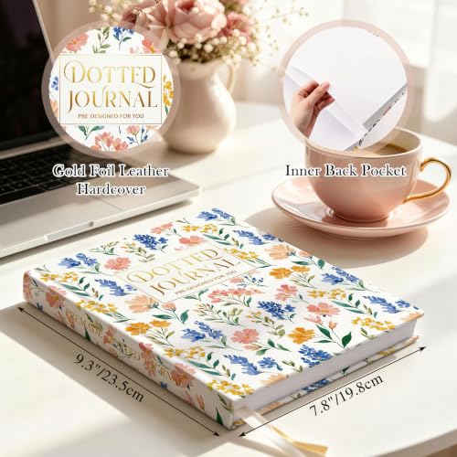 Everloria Premade Dotted Journal Notebook, 12 Months Pre-made Templates, 260 Hand-Drawn Coloring Pages, Undated Weekly & Monthly Planner, 7.8"x9.3" Leather Dot Grid Mood Habit Tracker - color: Floral B