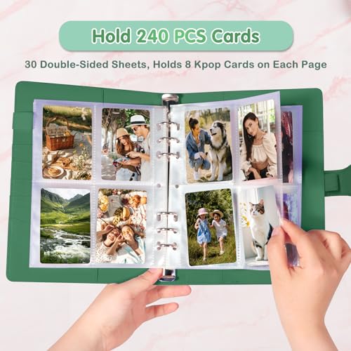 A5 Photocard Holder and Binder, PU Leather 6-Ring Album with Magnetic Closure, Includes 30 Pack 4-Pocket Pages for 240 Cards, Card Holder for Kpop, Trading, and ID Cards (Forest Green) - color: Forest Green