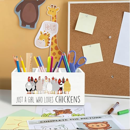Just a Girl Who Loves Chickens Pen Holder for Desk, Chicken Lover Mom Lady Gifts Pencil Organizer, Funny Farm Rooster Hen Wooden Box Sign Desk Decor for Home Office Decoration - color: CHICKENS-3size
