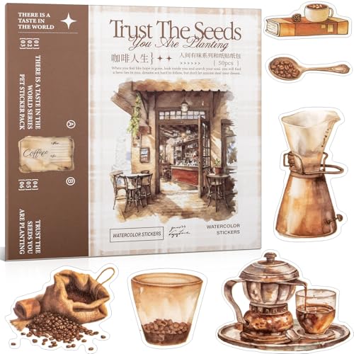 Coffee Themes Sticker Scrapbooking Supplies for Junk Journal, 50 Sheets Washi Stickers - Vintage Journaling Stickers, Ephemera Sticker Book Pre Cut(TZ-005-008) - color: Coffee Life