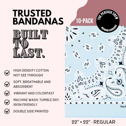 The Peacock Crew Premium Soft Cotton Bandanas Pack for Men and Women Paisley 22 x 22 inches - color: Pack of 10 Sky Blue