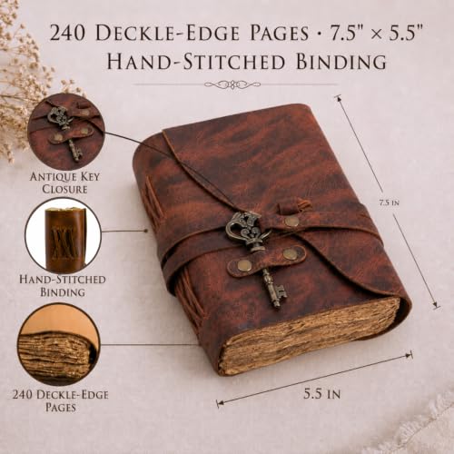 NomadCraftsCo Vintage Leather Journal, Handmade Deckle Edge Paper 240 Pages - color: Red Brown, size: 7.5" x 5.5"