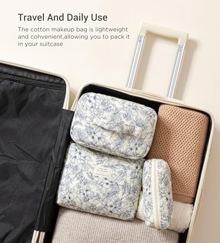 HBselect Quilted Makeup Bag, 3Pcs Cotton Large Travel Makeup Bags Organizer - color: A-3PCS-Floral 31
