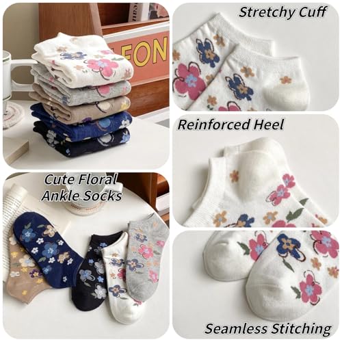 Cute Floral Ankle Socks for Women Girls, Ruffle Cuff Cotton Socks - color: 5 Pairs-set C