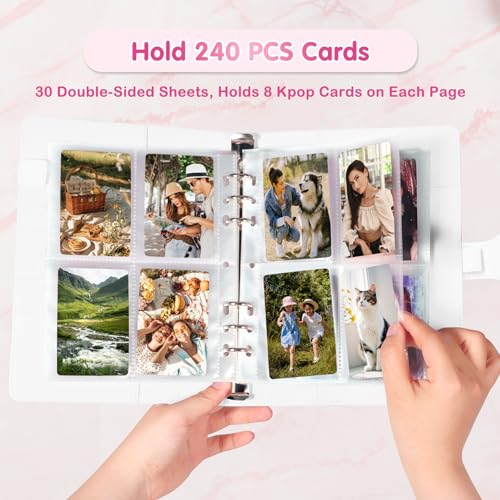 A5 Kpop Photocard Binder with 30 Pack 4-Pocket Card Pages, 6 Ring A5 Binder Card Collector Album with 240 Card Slots,PU Leather Binder Cover with Magnetic Buckle Closure for Organizing Trading Card - color: White