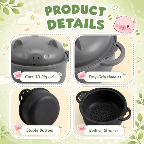 2 Sets 45oz Cute Pig Ramen Bowl Set Microwavable Cook, Black, Gray - color: Black,Gray