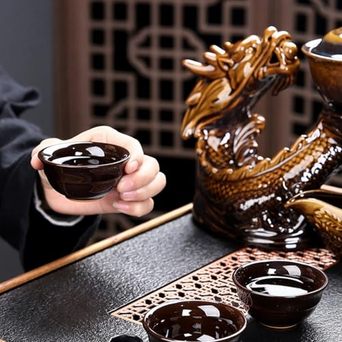 Chinese Gongfu Tea Set - Ceramic Teapot with Infuser, 8 Cups, Semi Automatic Dragon Design for Loose Leaf Tea - color: Yellow Dragon