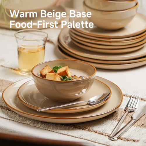Stoneware Dinnerware Sets for 6, Reactive Glaze Plates and Bowls, Beige - color: Beige, size: Service for 6-18Pcs