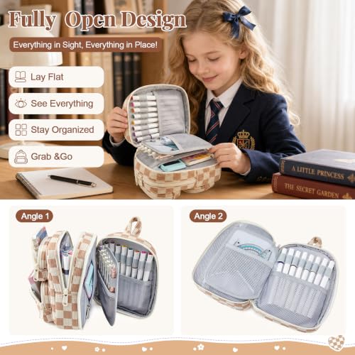 Cute Pencil Case, Soft Corduroy Pencil Pouch, Large Capacity Pencil Bag, Mini Backpack Aesthetic Pen Organizer for Stationery for Students Teen Girls Women, Khaki Checkered - color: Khaki Checkered