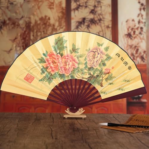 Fox Baby Folding Hand Fan,13 inch Bamboo Fabric Large Hand Fans with Chinese Traditional Painting for Decorations,Performance (Peacock & Peony) - color: Peacock & Peony
