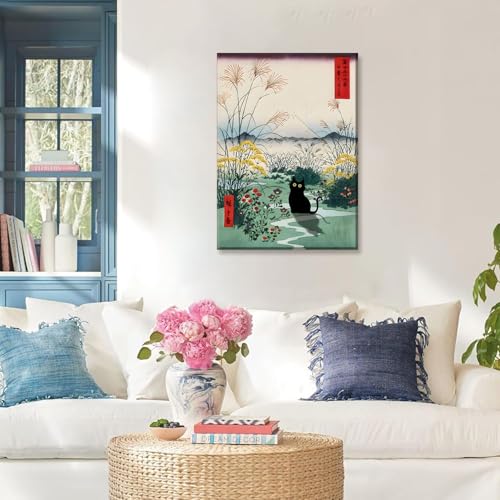 Framed Japanese Black Cat Canvas Wall Art Edo Period Mount Fuji Wall Decor Funny Cute Cat Animal Posters Pictures Japanese Ukiyoe Art Aesthetic Minimalism Painting Prints Bathroom Home Artwork