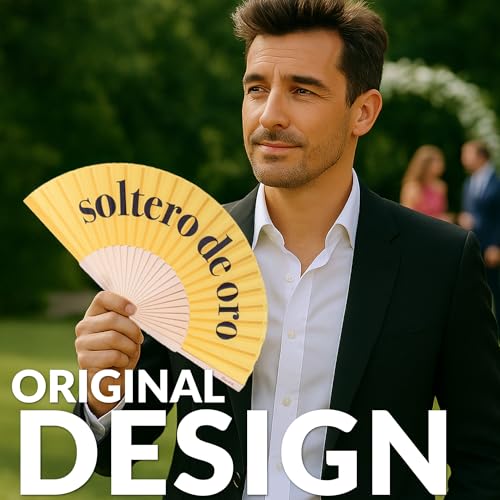 Fisura – Original folding fan with message “soltero de oro”. Yellow wooden handheld fan for men with hanger. Accessory for weddings, bachelor parties, festivals and unique gift ideas. 16.7 x 9