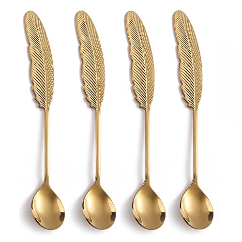 10 Pieces Dessert Spoons Stainless Steel, Cute Gold Teaspoons Set, Espresso Spoons for Coffee Tea Ice Cream Cake Pudding Dessert Condiment, Coffee bar Stirring Spoons, Feather Shape 6.1 inch - size: Gold