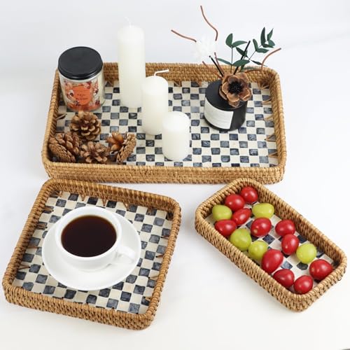 Rectangular Rattan Serving Trays, Set of 3, Black Checkerboard