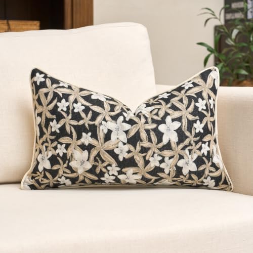 Aeckself Neutral Floral Pillow Cover 12 x 20 Inch, Vintage Chenille Rectangle Throw Pillow Cover Soft Home Decorative Farmhouse Accent Couch Pillow Cover for Living Room Bedroom, Black - color: Black, size: 20" x 12" (Pack of 1)