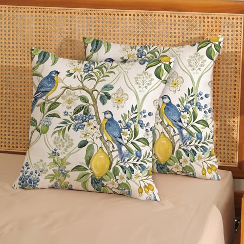 Chinoiserie Pillow Covers 18x18 Pack of 2 Blue Yellow Bird Lemon Floral Throw Pillow Cover Outdoor Decor Vintage Spring Summer Birds Pillowcase Farmhouse Decorative Cushion Case for Home Sofa - color: Bird Lemon Floral, size: 18" x 18" (Pack of 2)