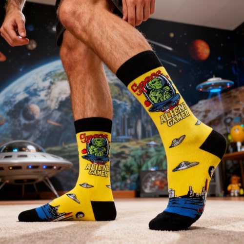 Colorful Funny Novelty Dress Socks for Men Women Teens Fathers Day Casual Fun Crazy Funky Graphic Crew Socks - color: 5 Pairs - Funny Alien Gamer Space Planet Astronaut Ufo Themed Socks, size: 6-12