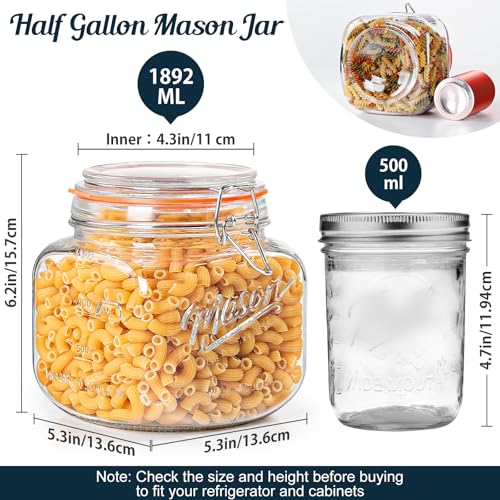 Half Gallon Mason Jar with Hinged Lid, 2 Pack Glass Canister, 64 Oz - color: 64oz-Square-2 Pack-Hinged Lid