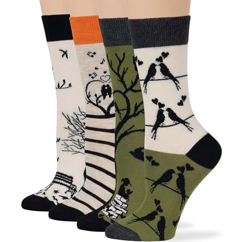 7BIGSTARS Women Cotton Crew Socks, Patterned 4 Pack, M 5-9 - L 8-12 - color: 18 - Black, Grey, Green, Orange, Cream (A60), size: 8-12