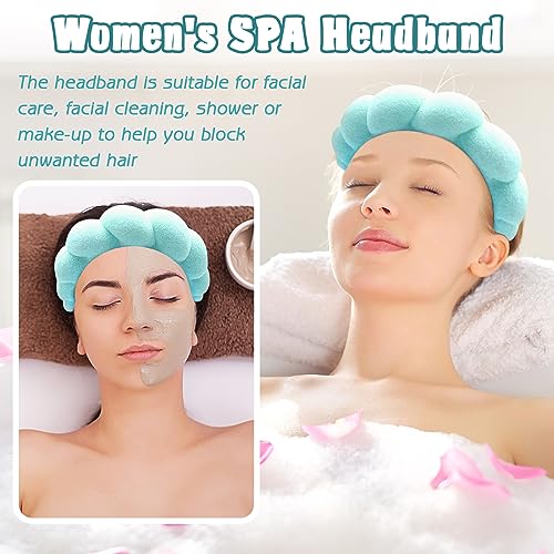 Zkptops Spa Headband for Washing Face Wristband Set Sponge Makeup Skincare Headband Terry Cloth Bubble Soft Get Ready Hairband for Women Puffy Padded Headwear Non Slip Thick Hair Accessory(Turquoise) - color: Turquoise