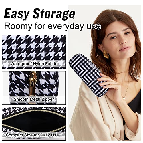 Nylon Slim Makeup Bag, Cute Makeup Brush Case, Preppy Cosmetic Zipper Pouch for Purse, Travel Toiletry Bag Clutch Coin Pouch Make Up Organizer for Women Girls (Black Houndstooth) - color: Black Houndstooth, size: Slim