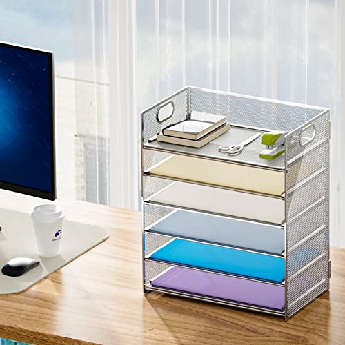 Marbrasse 2 Pack Desk Organizer with Handle, 6 Tier Paper Letter Tray, Mesh Desk File Organizer for Office, School and Home - Silver - color: 2 Pack - Silver