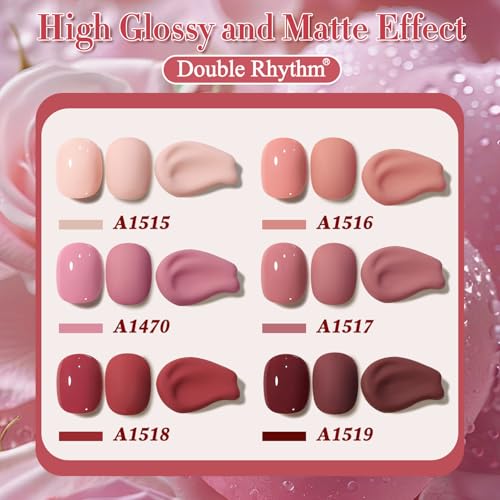 Double Rhythm 6 Pcs 15 ML Gel Polish Set Same Color Same Bottle Soak Off Gel Polish Kit Nail Art Manicure Salon DIY at Home for Women (Burgundy Red Nude Pink Purple Beige-T6-3) - color: Nude Pink