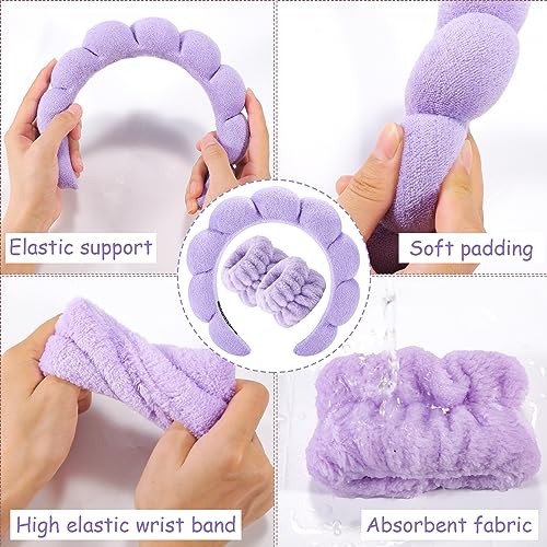 Zkptops Spa Headband for Washing Face Wristband Set Sponge Makeup Skincare Headband Terry Cloth Bubble Soft Get Ready Hairband Women Girl Puffy Padded Headwear Non Slip Thick Hair Accessory(Purple) - color: Y Purple