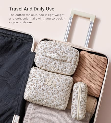 HBselect Quilted Makeup Bag, 3Pcs Cotton Large Travel Makeup Bags Organizer - color: A-3PCS-Floral 23