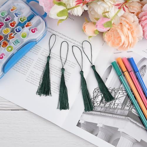 100 Pcs Bookmark Tassels Bulk Dark Green Soft Craft Silky Handmade Mini Tassels for Jewelry Making with Loops for DIY Craft Accessory Dress Decoration - color: Dark Green