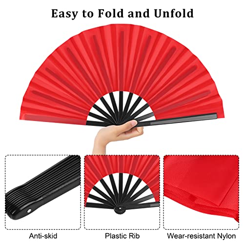 Aodaer 4 Pack Large Silk Folding Fans - Handheld Fans for Men and Women, Red - color: Red
