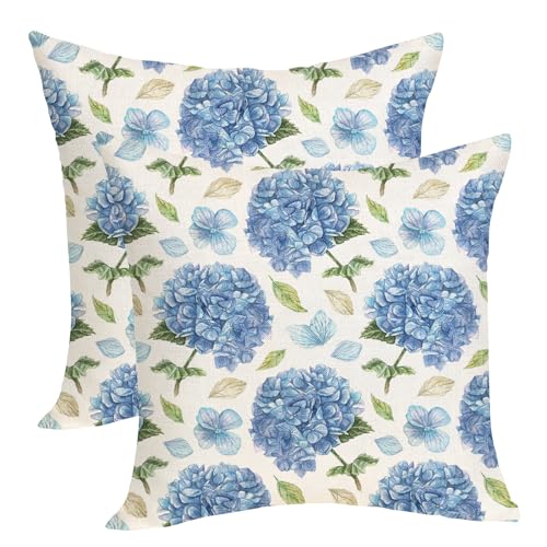 Spring Floral Pillow Covers 18x18 Pack of 2 Blue Hydrangea Flower Throw Pillow Covers Decoration,Summer Holiday Decor Pillowcase Rustic Farmhouse Linen Cushion Case for Home Sofa Couch Outdoor - color: Blue Hydrangea, size: 18" x 18" (Pack of 2)