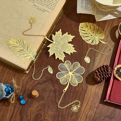 4 Pcs Gold Metal Leaf Bookmarks Set - Monstera, Maple, Four-Leaf Clover & Palm, Elegant Botanical Page Markers, Book Lovers Gifts for Women, Teachers, Readers, Writers - color: Golden