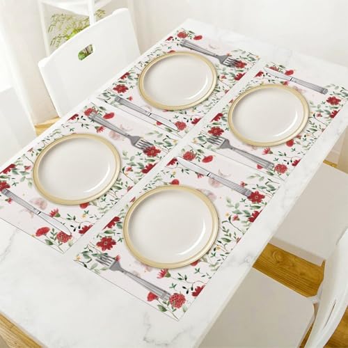 Boho Floral Placemats Set of 4, 12x18 Inch Witchy Moon Tarot Phase Gothic Red Wild Flower Bohemia Mystical Holiday Farmhouse Coffee Table Mats for Party Kitchen Dining Decoration - color: Pm-floral Moon02, size: 4pcs