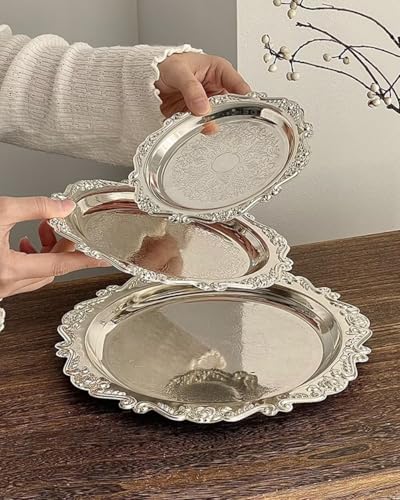 Round Decorative Tray 9.8in Metal Dessert Plates Vintage Coffee Table Tray for Snacks Fruit Silver - color: Silver, size: 9.8"