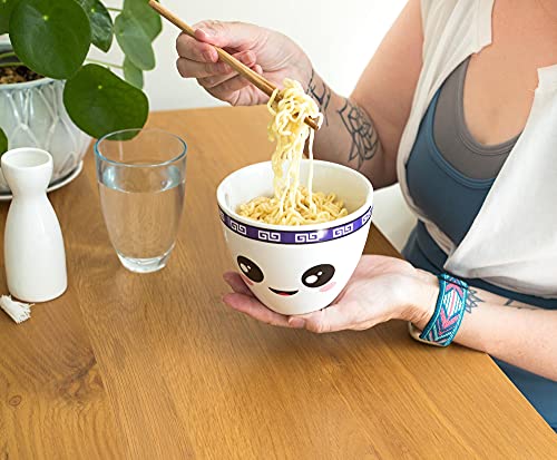 Bowl Bop Lo Mein Noodles Japanese Ceramic Dinnerware Set | Includes 16-Ounce Ramen Bowl and Wooden Chopsticks | Asian Food Dish Set For Home & Kitchen | Kawaii Anime Gifts, Snack Collectible