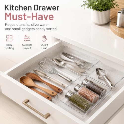 10 Pack Large Drawer Organizer Bins - Clear Plastic Bathroom Drawer Organizer Trays - Heavy Duty Kitchen Drawer Dividers for Utensils - Non-Slip Storage Bins for Makeup, Bedroom, Office Desk - size: 10 Pack