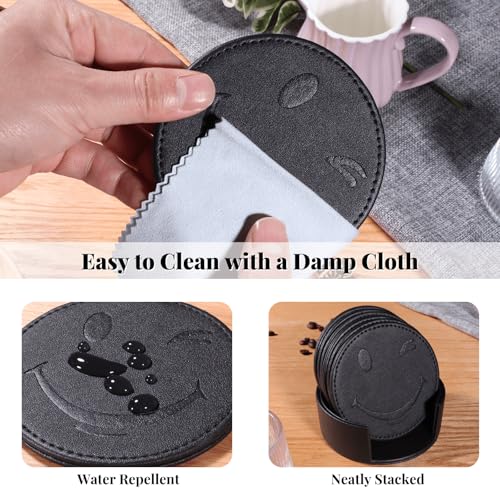 Coasters for Drinks Set of 6 with Holder, 6-Piece Leather Coasters with Embossed Smiley Designs - Durable Drink Coasters Set for Home, Bar, or Office - Black - color: Black