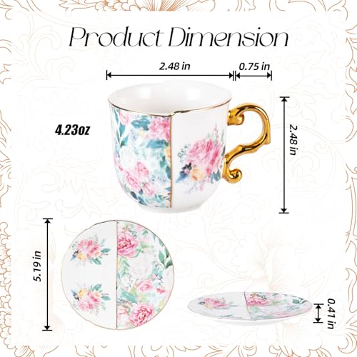 KAMMAK Tea Cups and Saucers Set of 2, 4 oz Porcelain Coffee Cups, YX013 - size: 8CZYX013