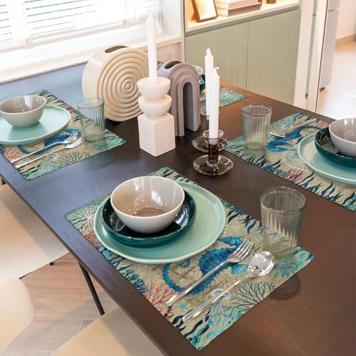 Nautical Placemats Set of 4, Ocean Coast Beach Theme Washable Non-Slip Heat Resistant Place Mats, Sea Turtle Seahorse Summer Linen Decoration Dinner Mat for Kitchen Dinner Party Decor - color: Ocean